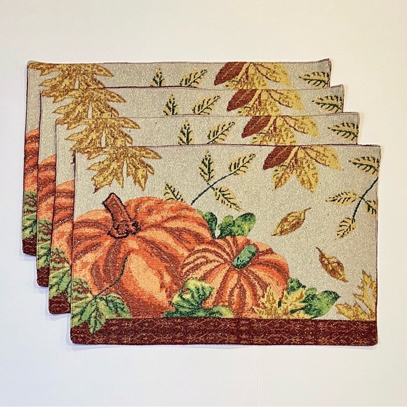 Fall Tapestry Placemats Pumpkins Leaves Set Of 4 Autumn Shimmer Fabric 13x19” - Picture 1 of 6